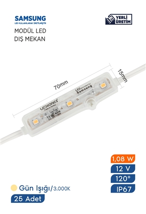 Modül Led Samsung Çipli Dış Mekan IP67 12 V 1.08  W/Ad 3.000K Gün Işığı