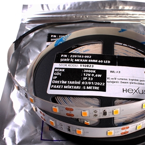Şerit Led İç Mekan IP33 2835 12 V 9,6 W/Mt 8 mm 60 Led 3.000K Gün Işığı Hexus Zenit Üretim