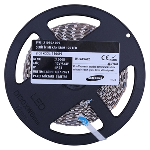 Şerit Led İç Mekan IP33 2835 12 V 9,6 W/Mt 5 mm 120 Led 3.000K Gün Işığı