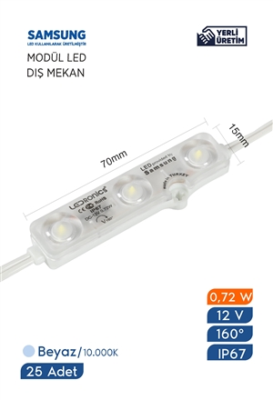 Modül Led Samsung Çipli Dış Mekan IP67 12 V 0.72  W/Ad 10.000K Beyaz